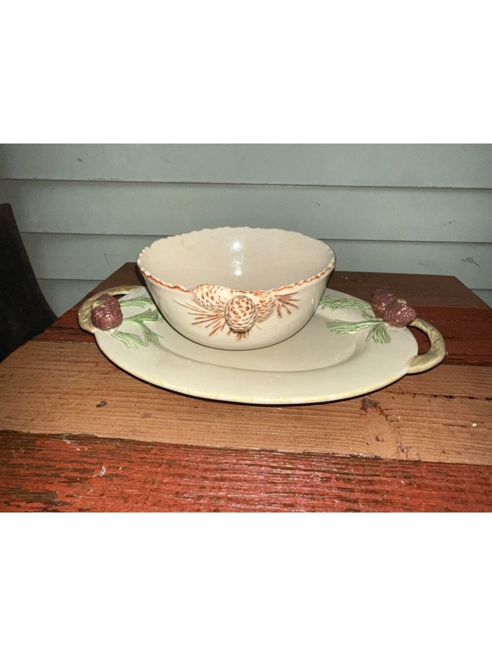 Hand-Painted Ceramic Serving Bowl & Platter Set With Pinecone Design